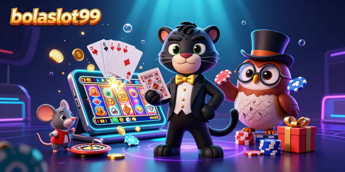 Play with bolaslot99 featuring a tuxedo panther dealing cards in a vibrant casino scene.