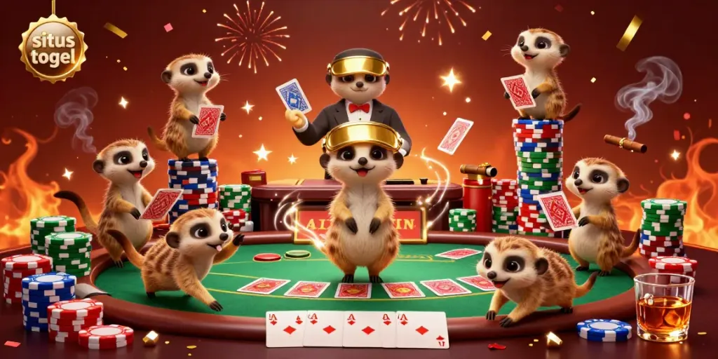 Experience vibrant gambling action with situs togel, showcasing meerkats in a lively casino environment.