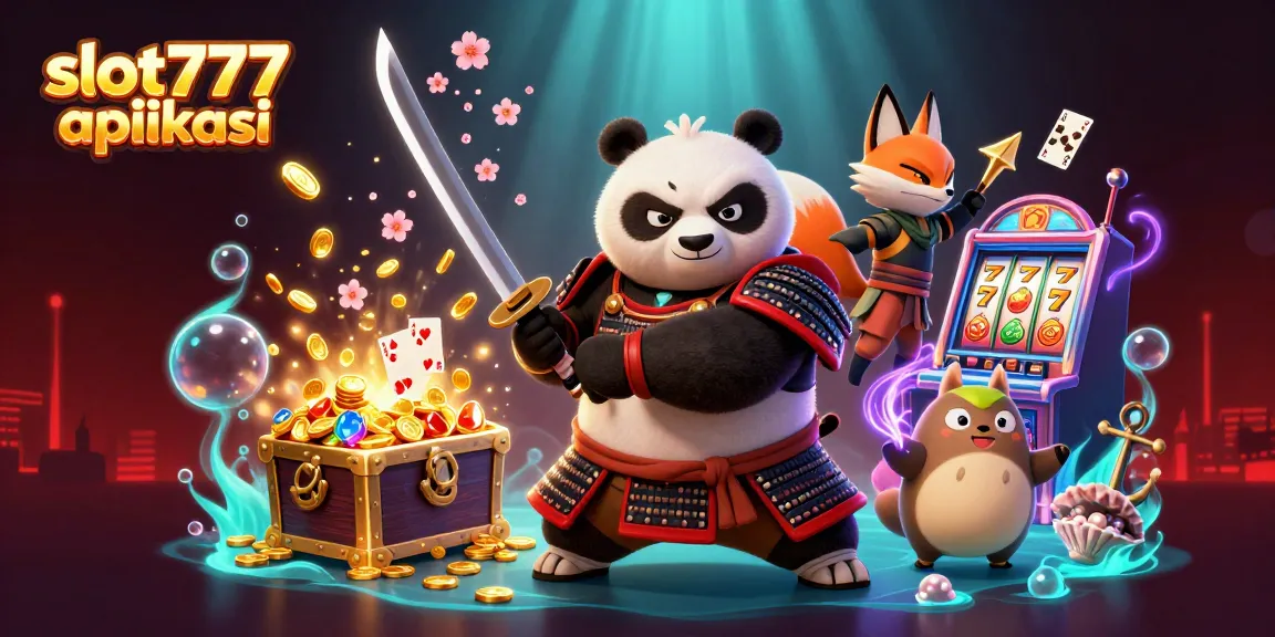 Engage with exciting slot777 aplikasi featuring a samurai panda and ninja fox amidst gold coins and slot machines.