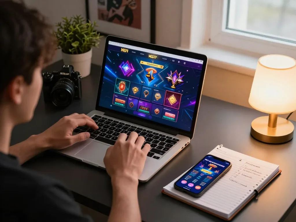 Player enjoying online NEGO77 casino games on laptop with strategic notes visible