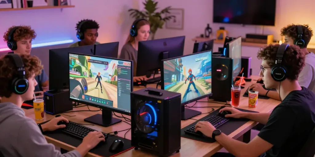 Pengalaman gaming online di BABE138 dengan pemain yang terlibat penuh dan perangkat gaming menarik.
