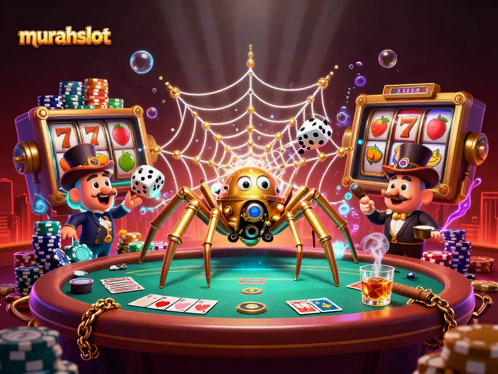 Engage with murahslot as a golden spider weaves luck in a vibrant casino setting