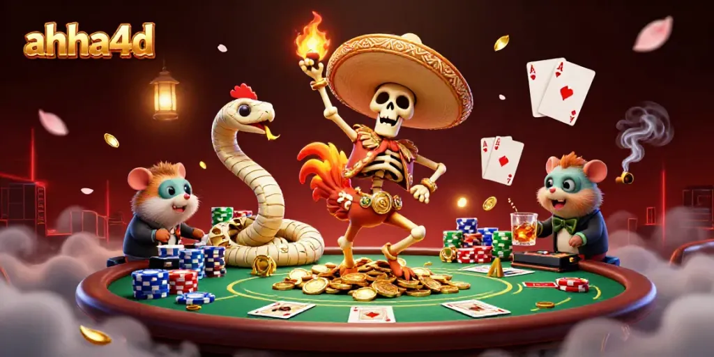 Desain menarik AHHA4D saat bermain casino dengan karakter unik skeleton dan detail emas yang mencolok.