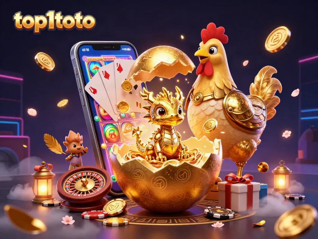 Top1toto menampilkan ilustrasi kasino menakjubkan dengan naga emas dan chip poker.
