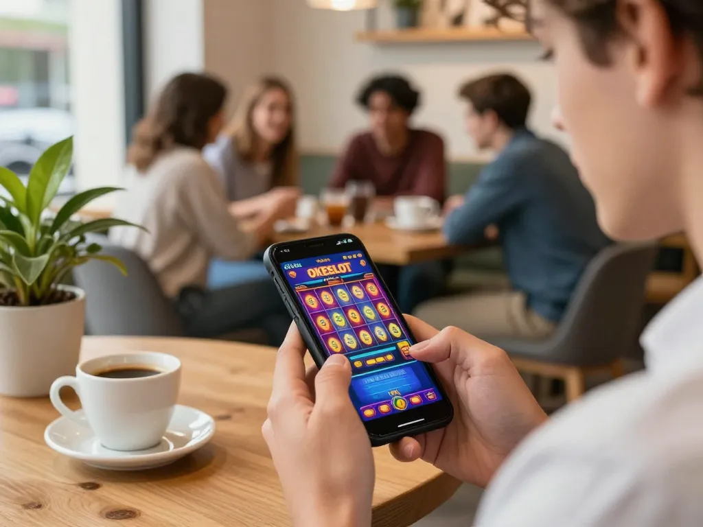 Player engaged in mobile slot gaming at a coffee shop, highlighting the OKESLOT experience in a vibrant atmosphere.