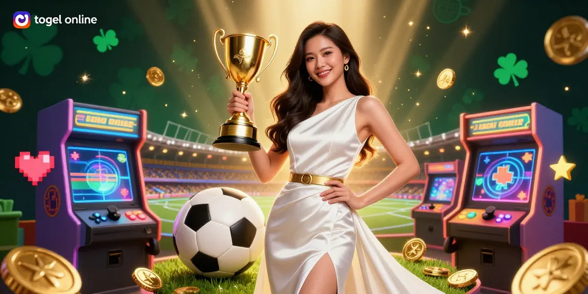 Togel online promotional illustration featuring a victorious Asian woman with a trophy in a vibrant casino setting.