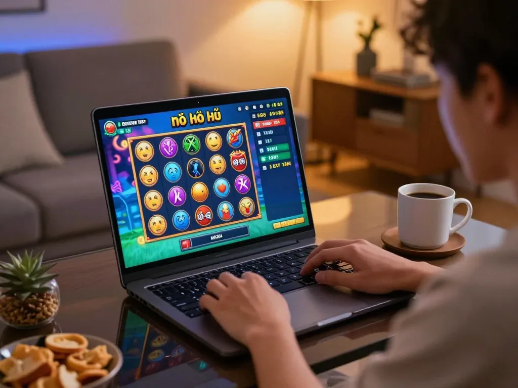 Play game nổ hũ on a laptop in a cozy home environment with snacks and warm ambiance.