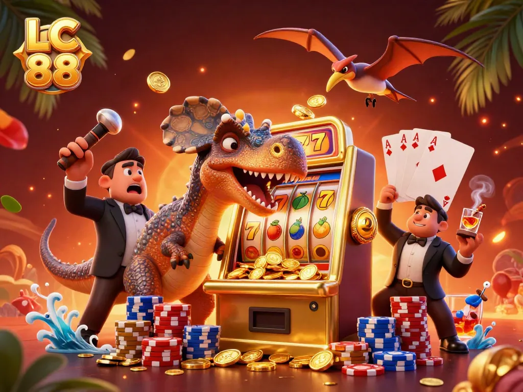 LC 88 jackpot scene with a pachycephalosaurus and golden slot machine, coins flying