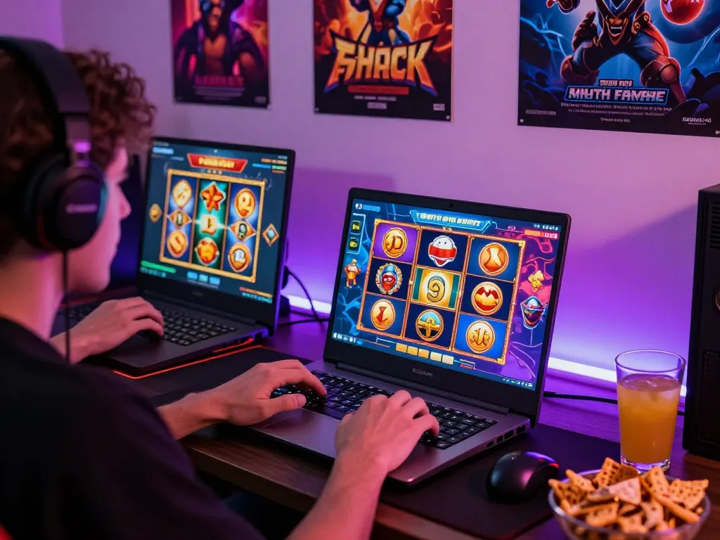 Lingkungan permainan yang menarik menampilkan permainan slot virus88 di laptop dengan grafis yang cerah dan camilan.