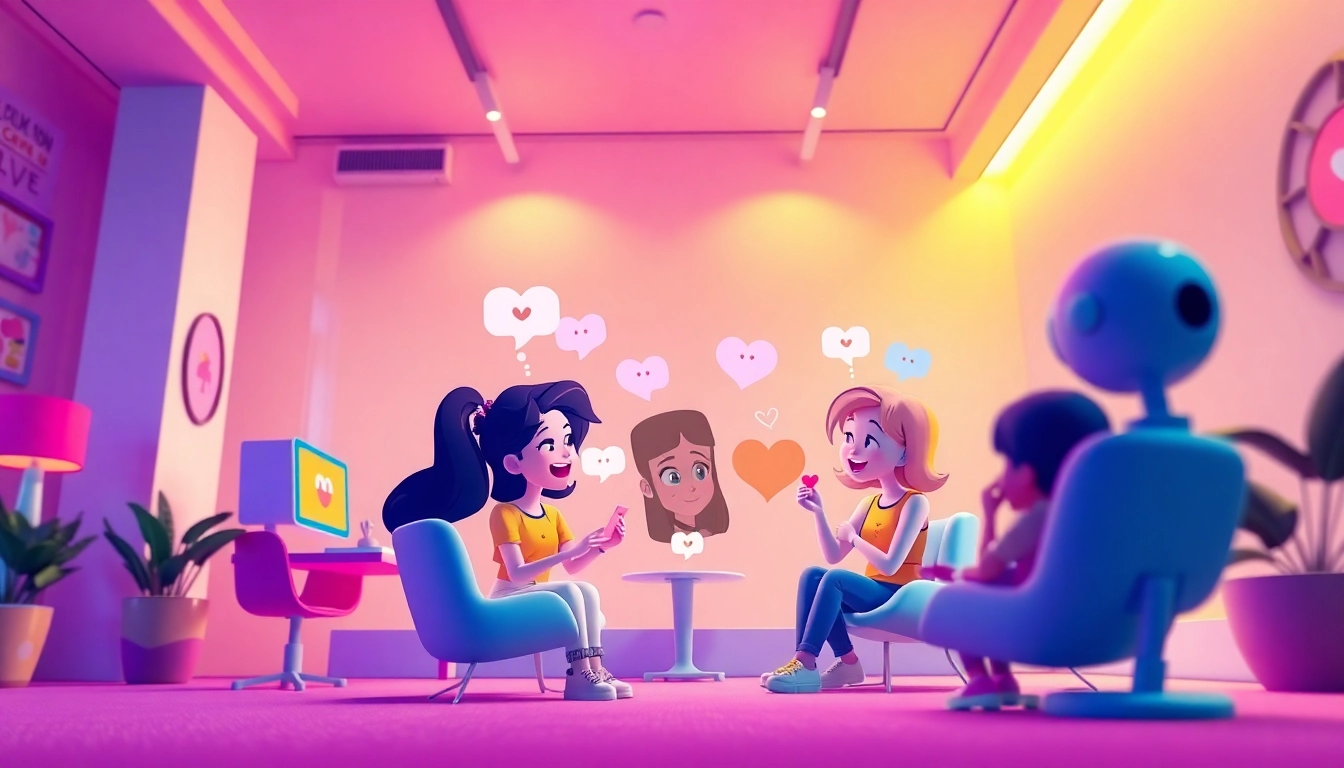 Engaging CrushOn AI chat interface featuring animated characters for NSFW interactions.