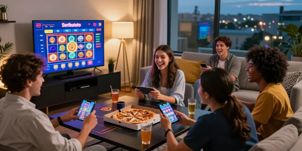 Friends enjoying a Seributoto gaming night in a stylish home setting with vibrant excitement.