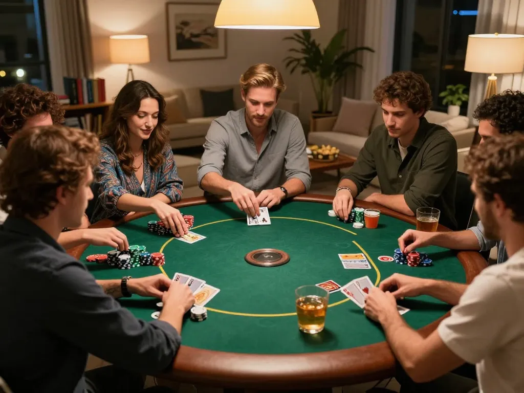 90P poker night friends placing bets during Texas Hold'em in a cozy home setting.