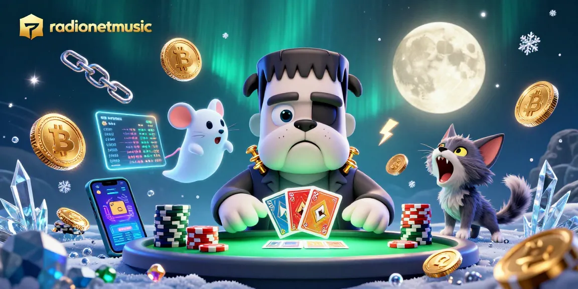 radionetmusic bermain kartu dengan bulldog Frankenstein dan kucing werewolf, dikelilingi koin kripto dan cahaya neon