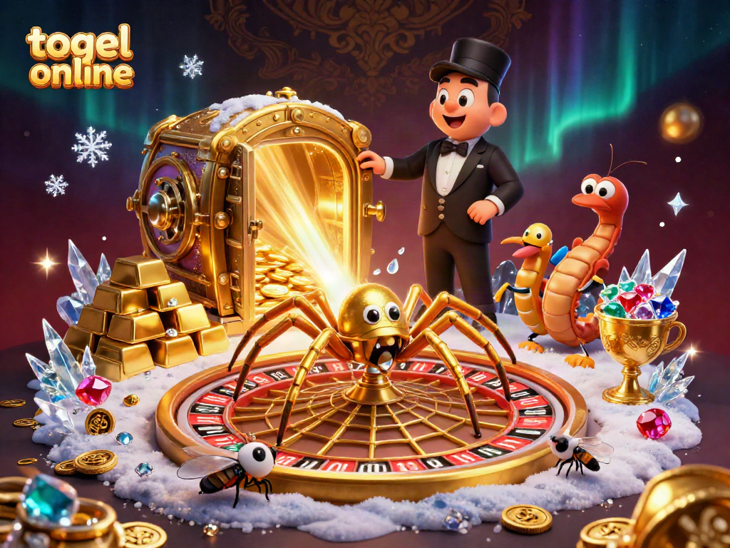 Menggali pengalaman togel online dengan ilustrasi dinamis tentang laba-laba dan serangga yang berinteraksi dalam roda roullete.