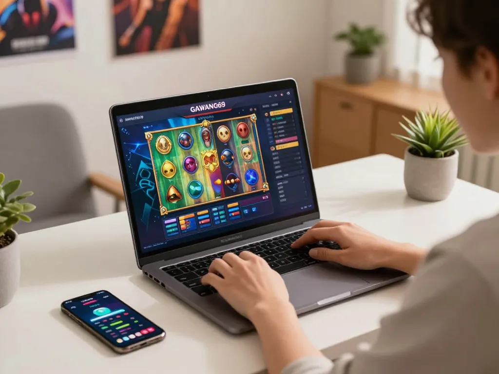 Engaging gameplay on GAWANG69 platform displayed on a laptop, showcasing vibrant slot game graphics.