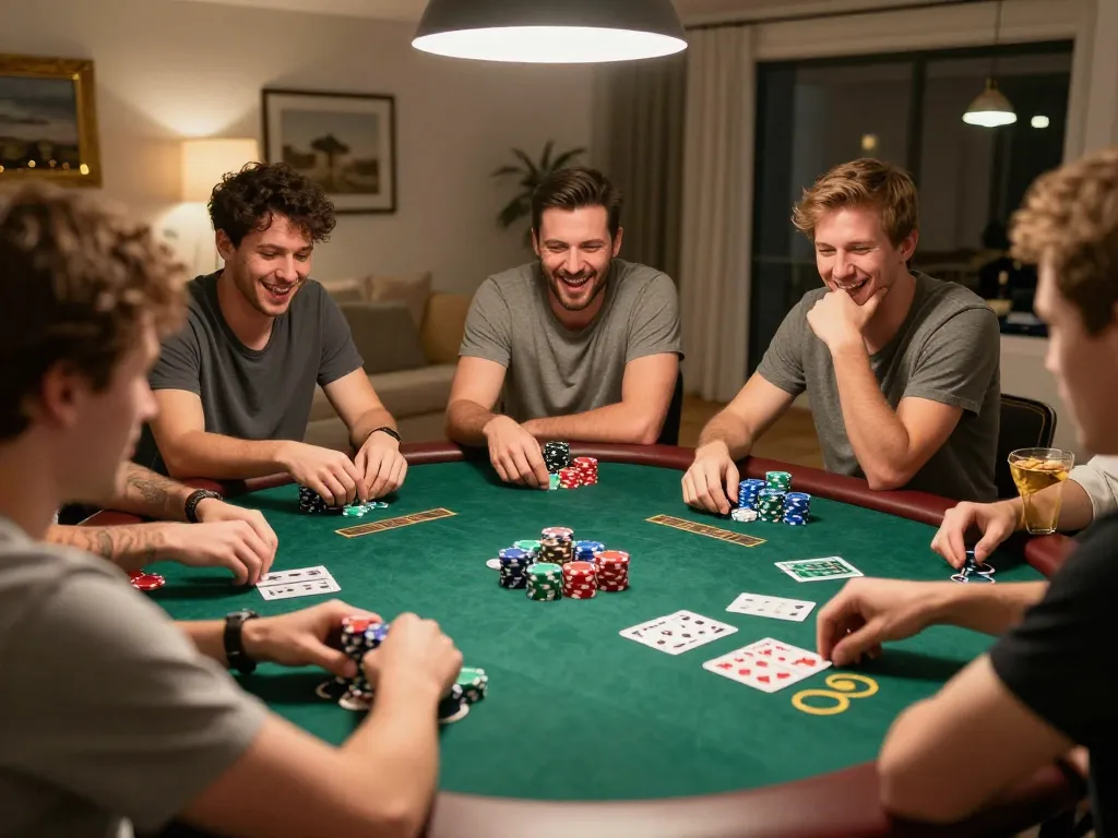 Engaged players savoring Fun88 poker game night with vibrant chips and lively atmosphere.
