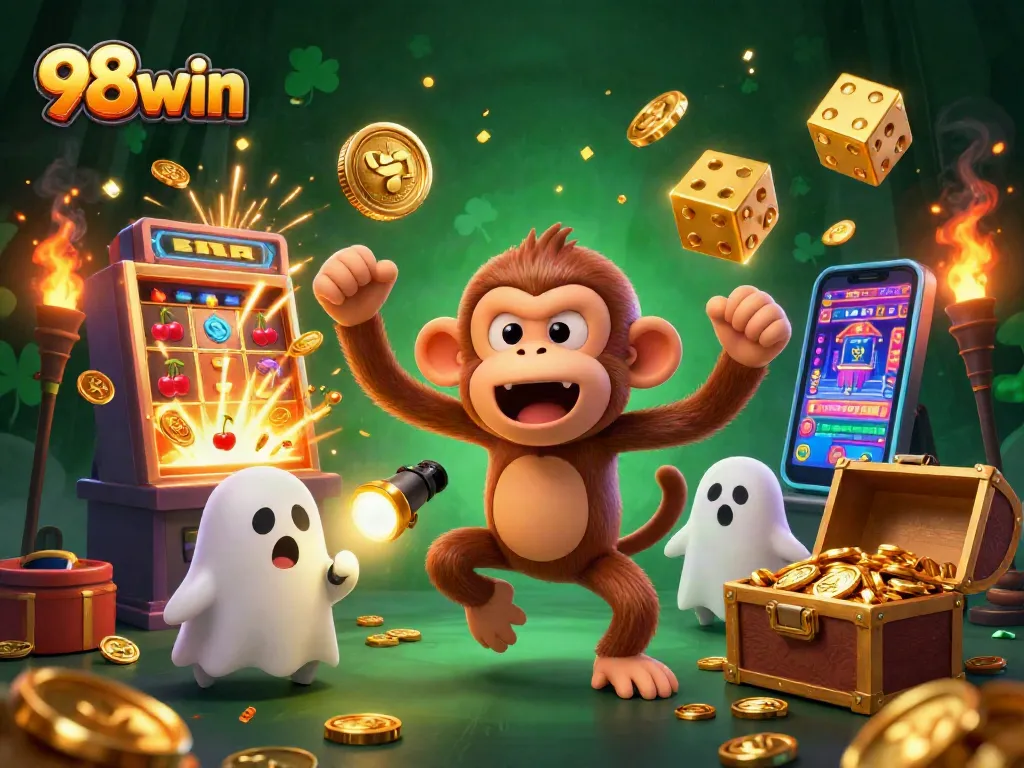 Experience excitement at 98win casino with a whimsical showdown between a mischievous monkey and a curious puppy.