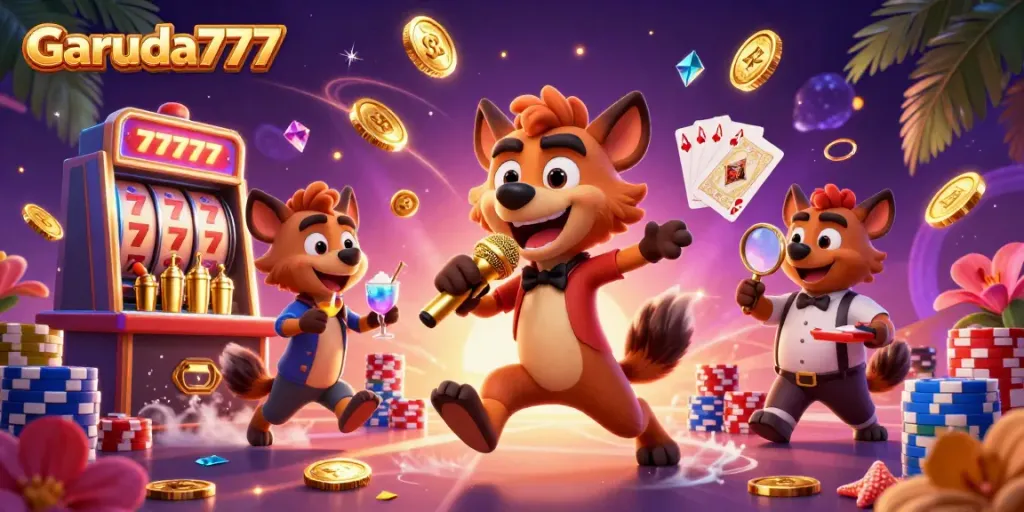 Permainan slot Garuda777 dengan kartun hyena menghibur dan elemen kasino berkilauan.