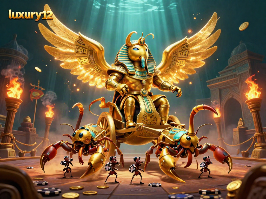 Experience immersive gameplay with luxury12, featuring a golden scarab beetle in a lively casino theme.