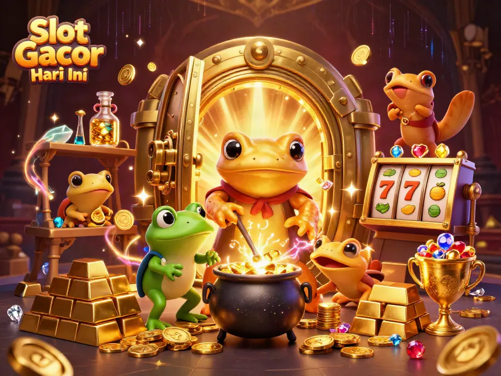 Spin the reels and win big with Slot Gacor Hari Ini, vibrant 3D scene of alchemist crafting gold.