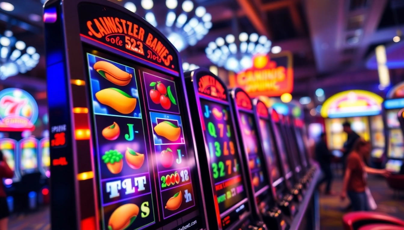 Exciting slot machine with colorful reels in a bustling casino environment.