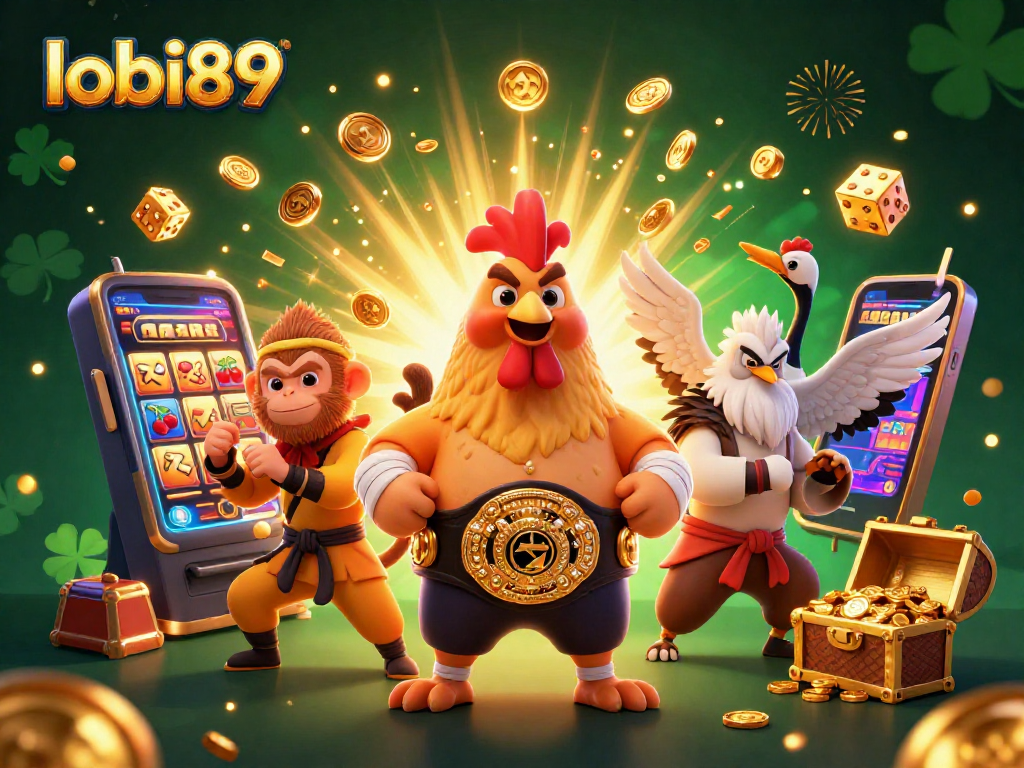 Menangkan jackpot dengan lobi89 melalui ilustrasi 3D karakter ayam Muay Thai dan monyet Shaolin.
