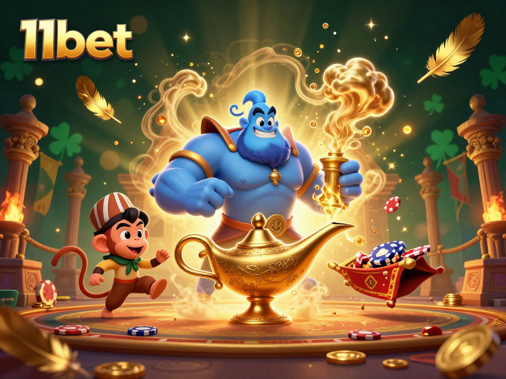 Experience thrilling gaming with 11bet's vibrant 3D casino illustration showcasing an engaging genie and festive elements.