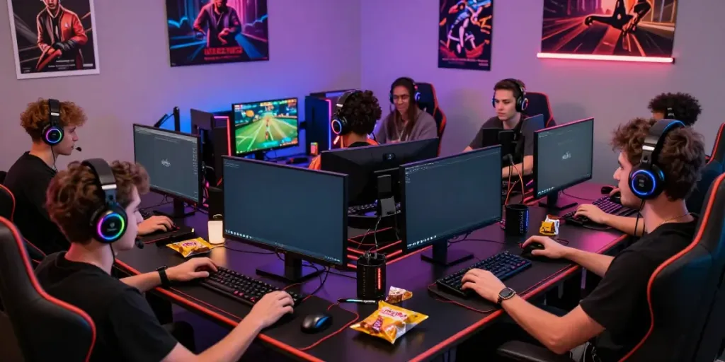 Pengalaman bermain game online Kingliga dengan teman-teman, suasana meriah dan peralatan gaming lengkap.