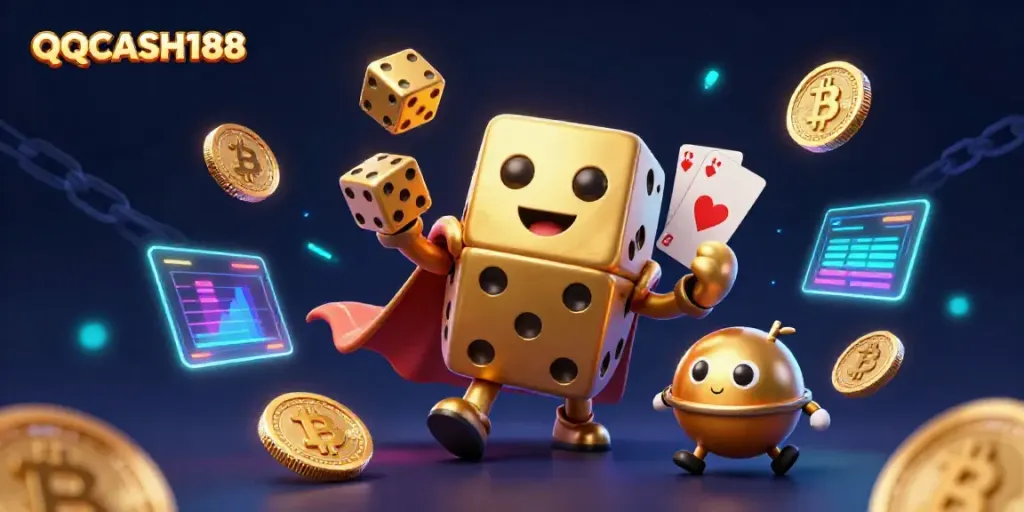 Engage with QQCASH188: 3D characters featuring a golden dice golem and crypto elements create an electrifying gaming scene.