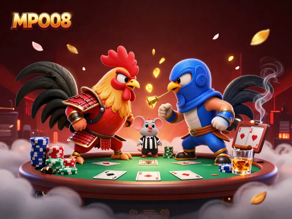 Engage in thrilling action with MPO08 in an electrifying showdown between cartoon roosters over a poker table.