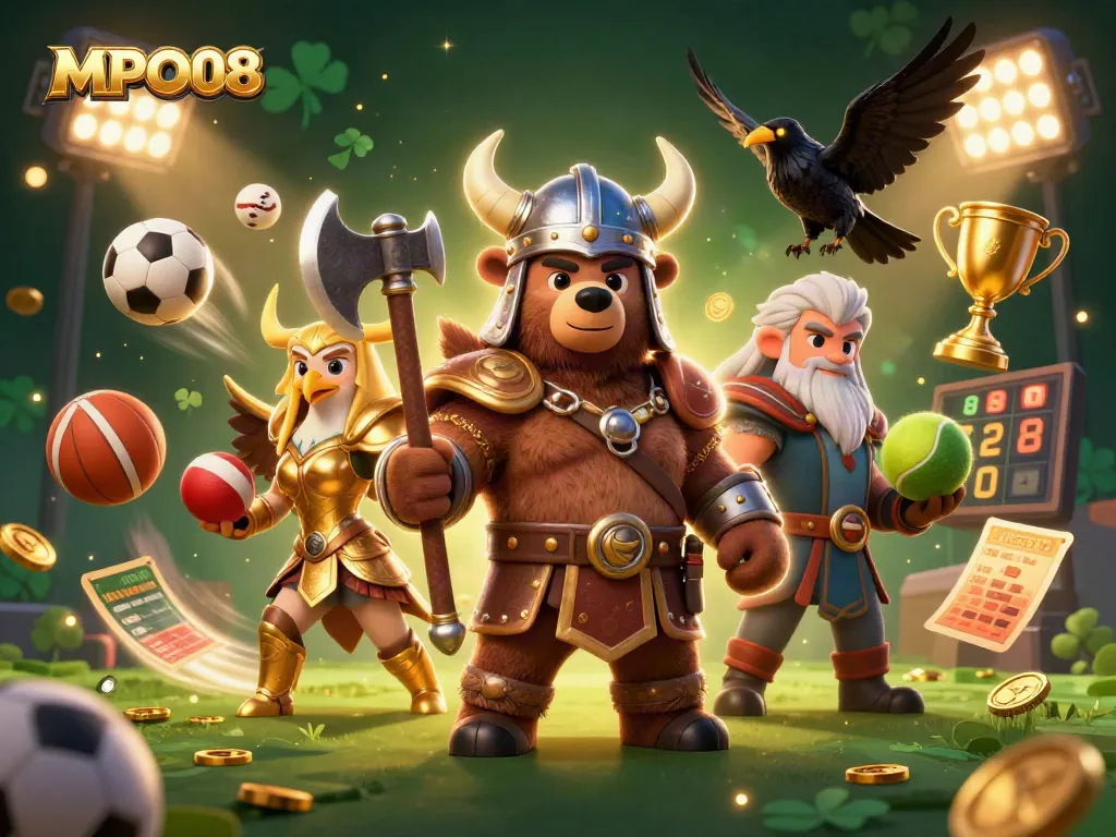 MPO08 showcases a vibrant clash between Viking characters in a thrilling casino atmosphere filled with sports energy.