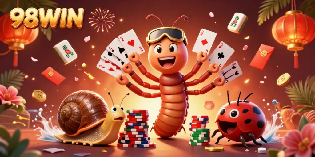 Engage with 98WIN at the vibrant casino scene, featuring animated characters and festive elements.