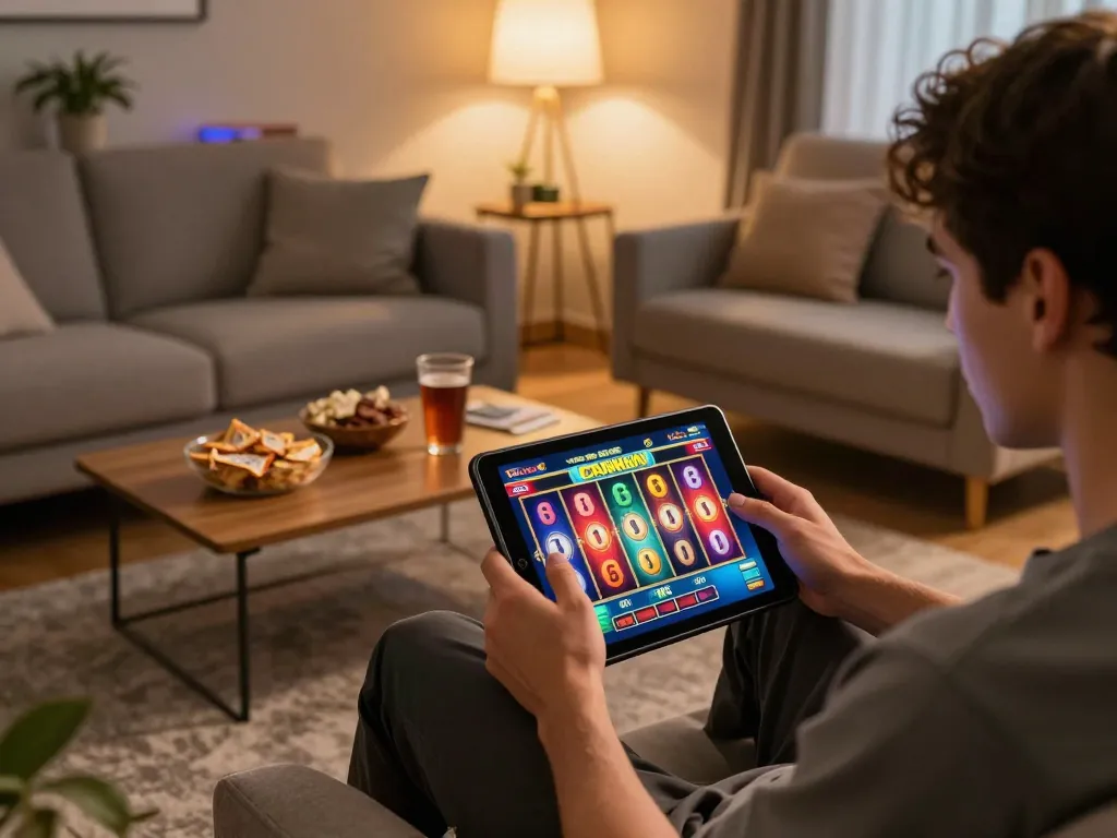 Player enjoying fabet casino gaming on a tablet in a cozy home setting, showcasing an exciting online experience.