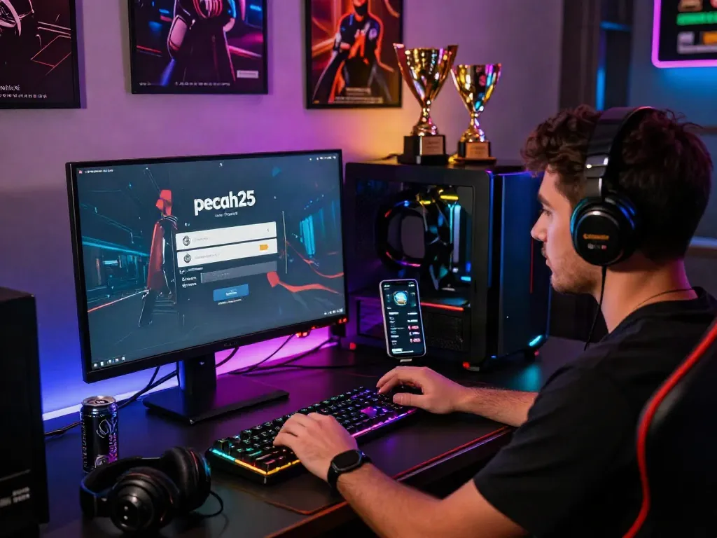 Pengguna melakukan pecah25 login di platform permainan online dengan suasana gamer yang energik.