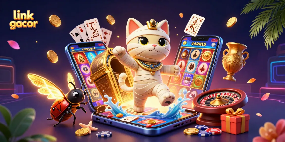 Spin the reels on link gacor slot games with a lively Egyptian-themed illustration featuring unique characters and vibrant casino elements.