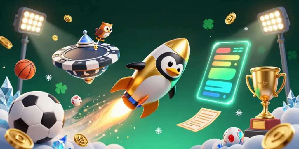 Experience the excitement of GO8 with a golden penguin racing towards a casino-themed poker chip space station.