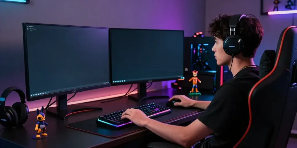Gamer berfokus menggunakan harum4d di setup gaming nyaman dengan monitor dan aksesori keren.