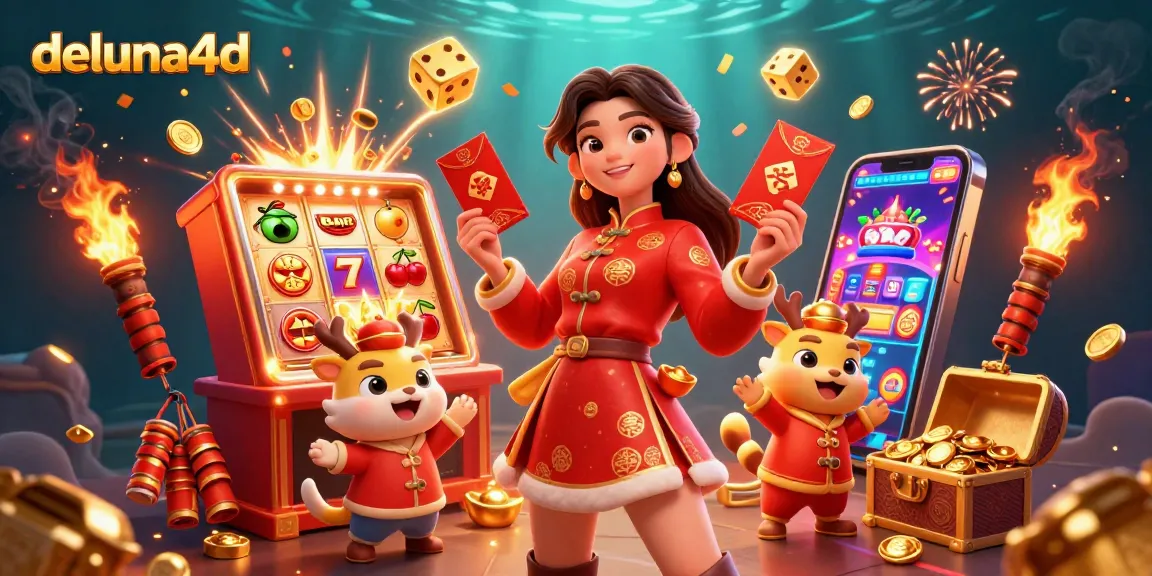 Experience excitement at deluna4d with a vibrant Lunar New Year-themed gaming scene bursting with winnings.
