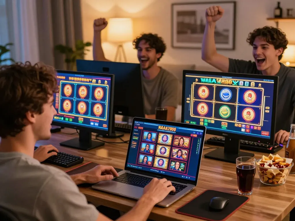 NAGA2000 players enjoying a win while engaging with vibrant online slot games in a cozy home environment.