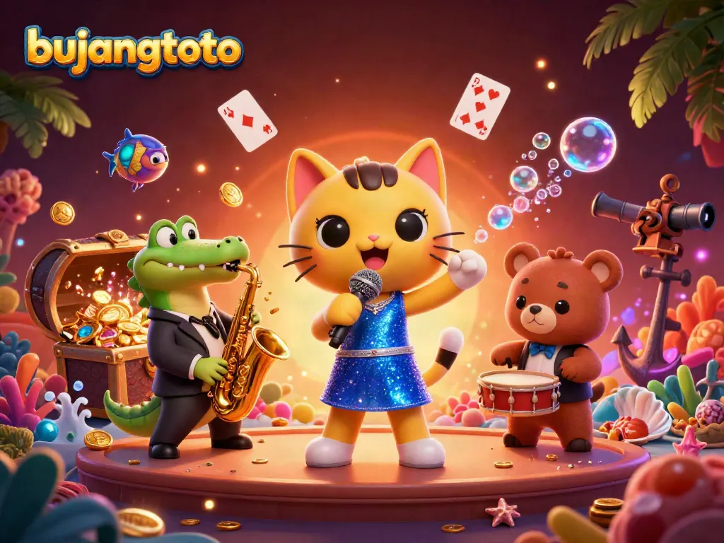 Bujangtoto promotes engaging casino entertainment with a jazz-singer cat, croc musician, and bear drummer in a vibrant scene.