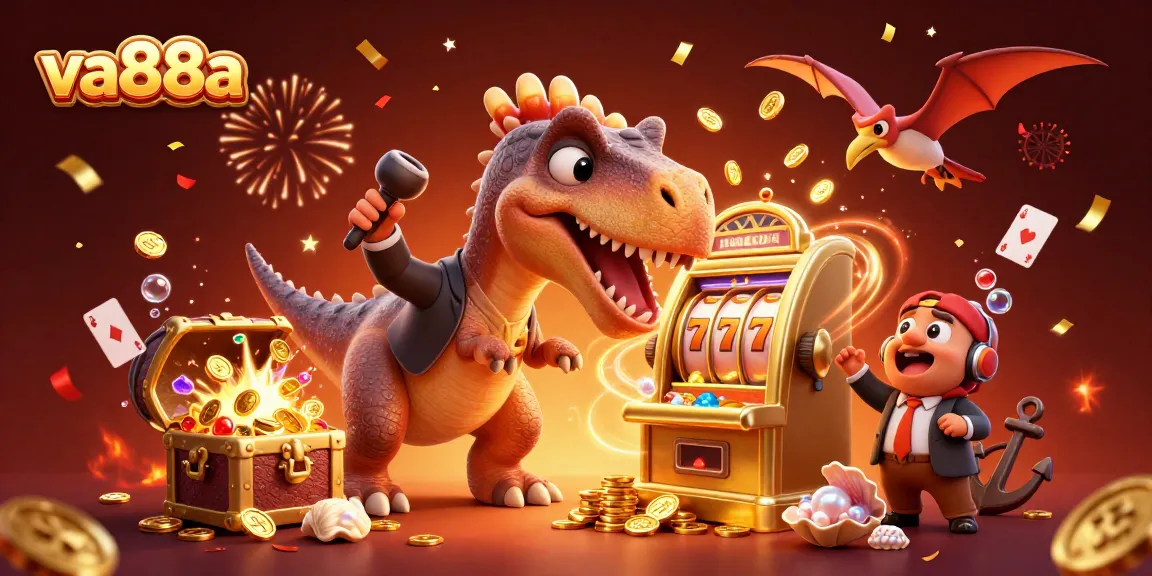 va88a earns jackpot coins as a pachycephalosaurus plays a golden slot machine with dynamic casino elements.