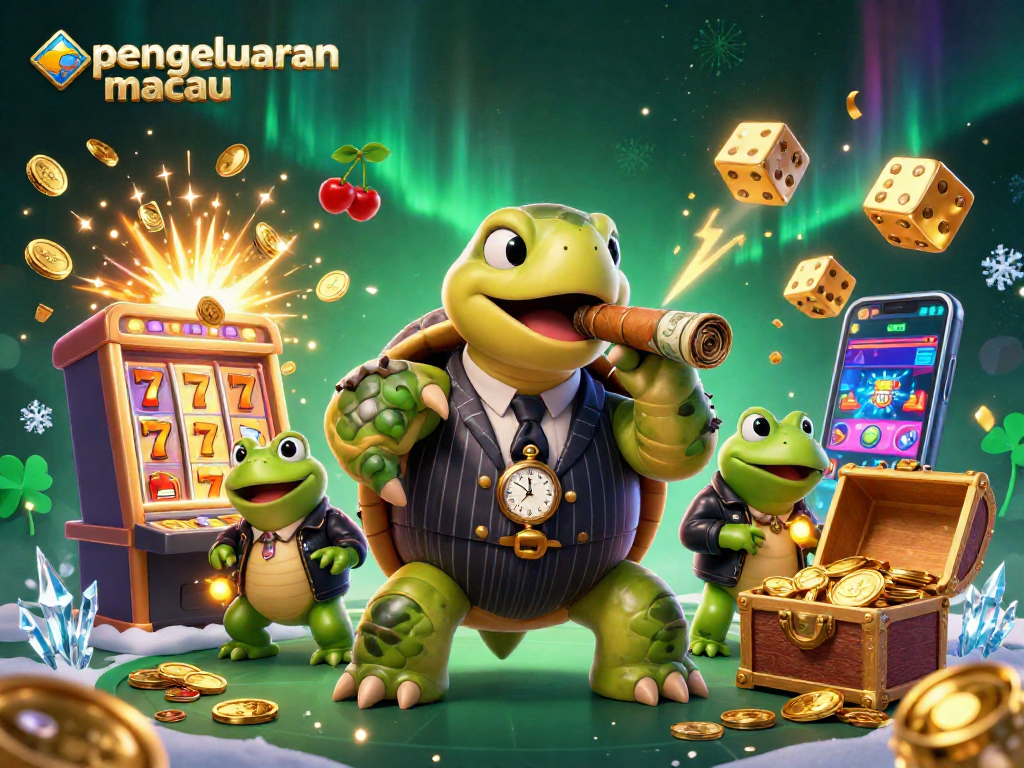 Mengamati pengeluaran macau melalui ilustrasi kasino yang menampilkan kura-kura gangster dengan simbol keberuntungan.