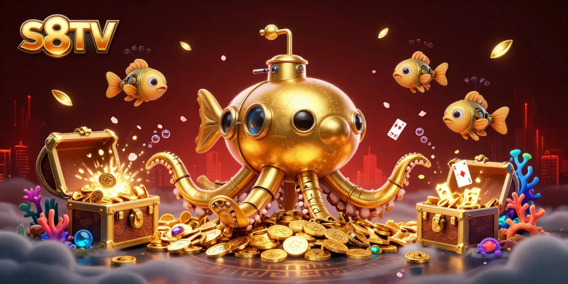 Join the action on S8TV with an exciting scene featuring a golden kraken submarine amidst golden coins and gambling elements.