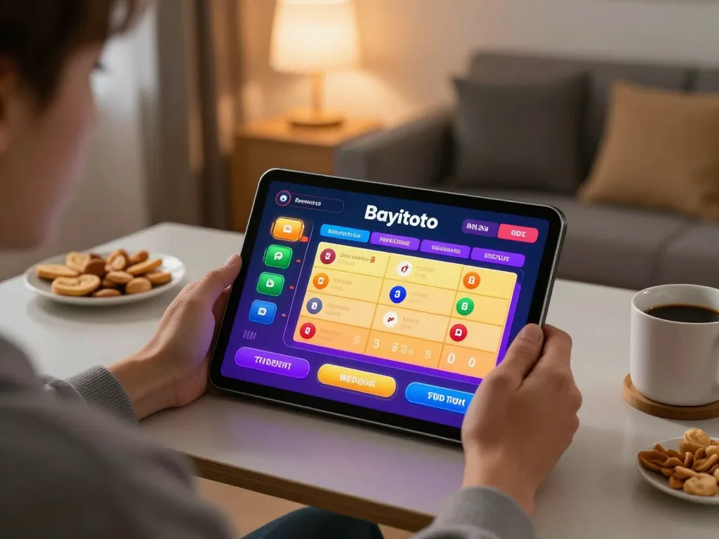 Engaging in bayitoto online lottery gameplay on a tablet in a cozy living room setting.
