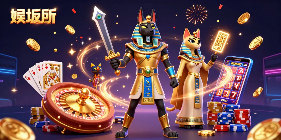 在娱乐城中，古埃及战士与神圣的猫伴侣共同庆祝，四周飞舞着金色硬币和宝石。