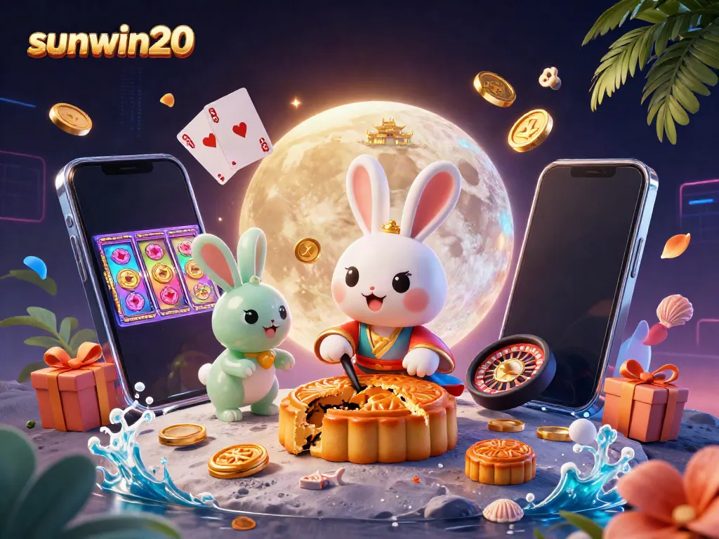 Engage in areas of sunwin20 with a rabbit and jade companion celebrating on the lunar landscape with casino elements.