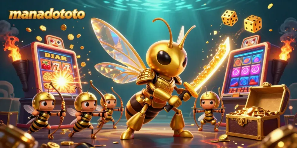 manadototo features an engaging scene with a giant golden hornet warrior and bee archers celebrating a casino jackpot.