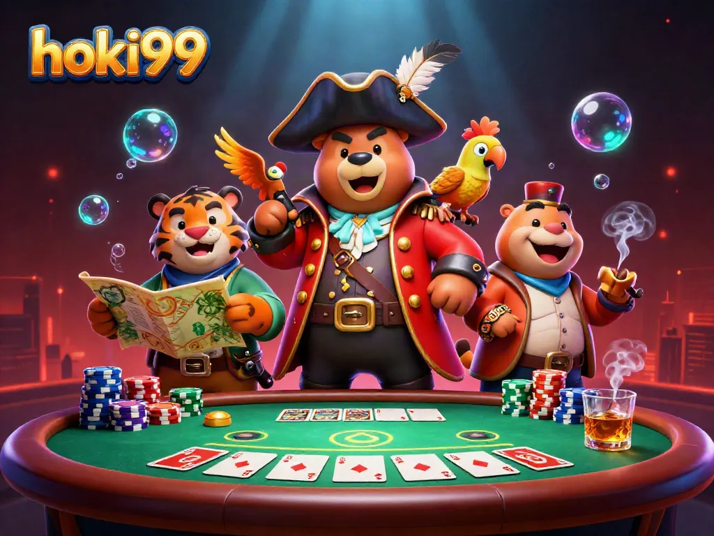 Permainan menarik di hoki99 dengan karakter beruang bajak laut dan harimau di meja poker.