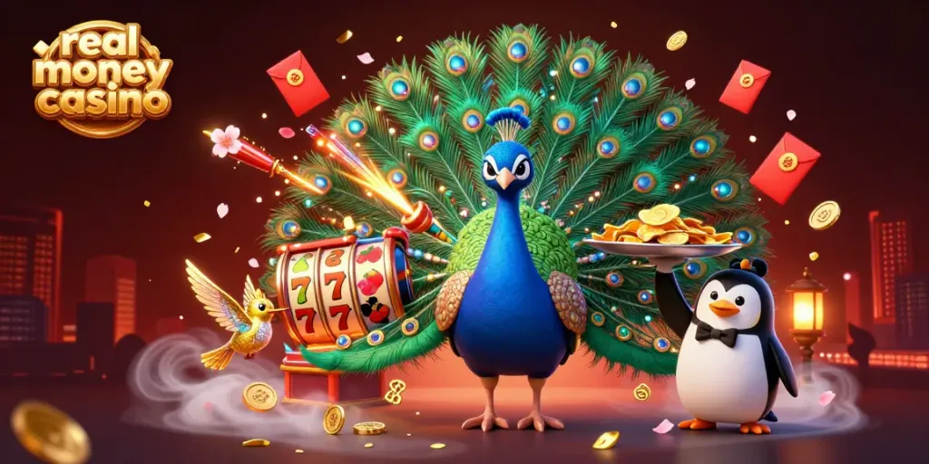 Experience excitement at a real money casino with vibrant characters, jade coins, and spinning slot reels.