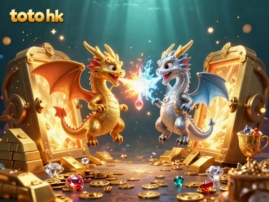 Bermain dengan toto hk, ilustrasi 3D penuh warna dengan naga koleksi harta berkilau dan elemen kasino